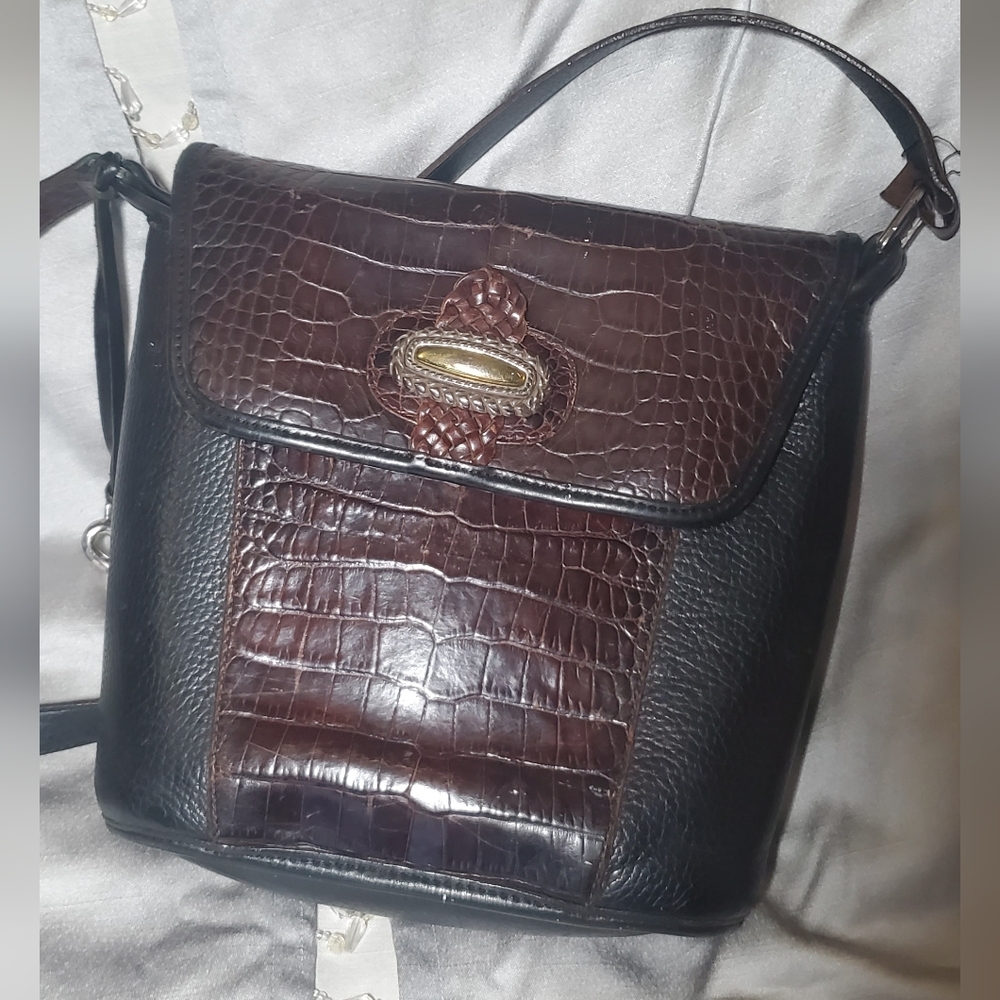 BRIGHTON Crossbody Shoulder Bag Leather Purse Black & Brown Croc Embossed 10”x9” - Picture 7 of 15